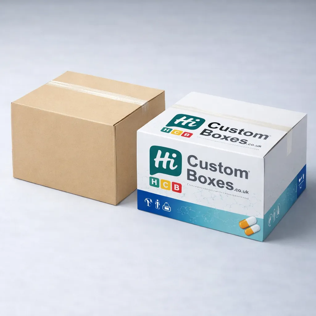 Two large square shipping cartons, one plain brown and one custom printed with company logos. class=